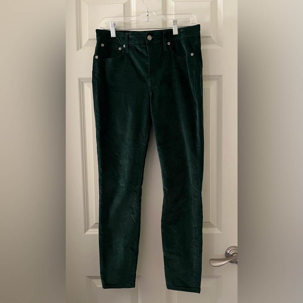 Women’s J.Crew 9” high rise toothpick emerald green velvet like jeans pants 29
